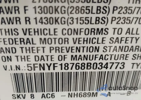 2008 Honda Pilot Ex-L from USA, damaged, VIN 5FNYF18768B034773